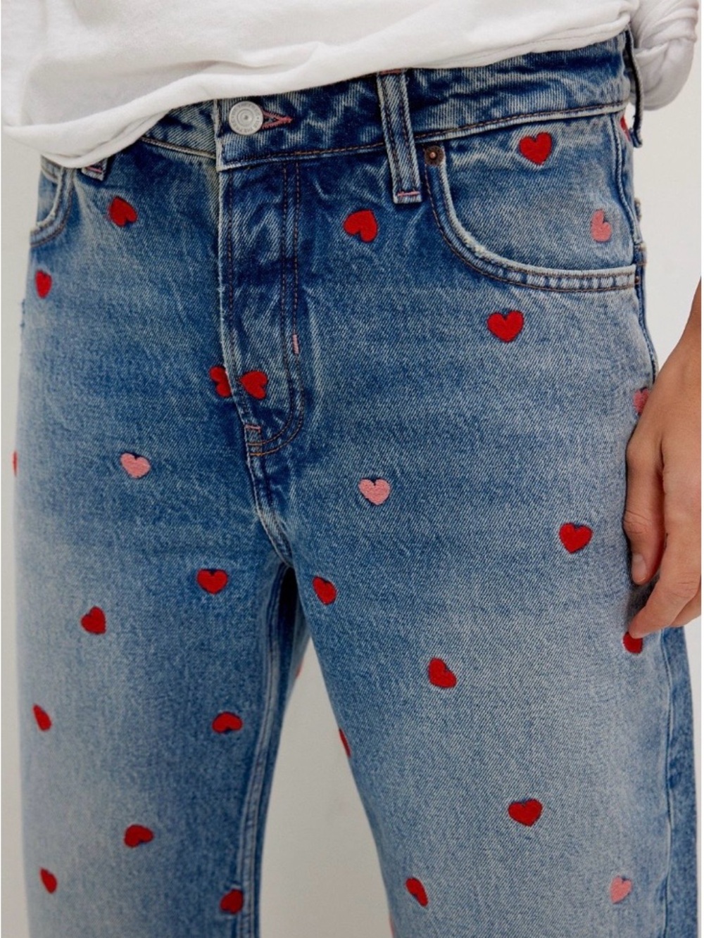 We The Free Straight Leg Jeans with Red and Pink Heart Embroidery